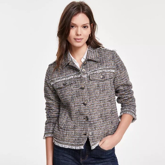 Liverpool Los Angeles Women's Fringe Frayed Trim Tweed Trucker Jacket l Large - Picture 1 of 12